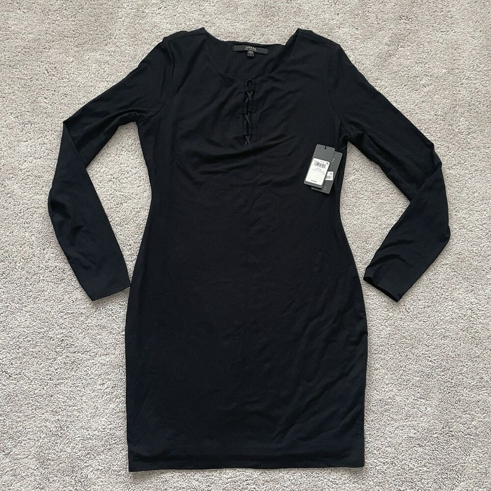 New Guess Black Long Sleeve Bodycon LS Addison Laced Up Dress Large W64K0MR49A0